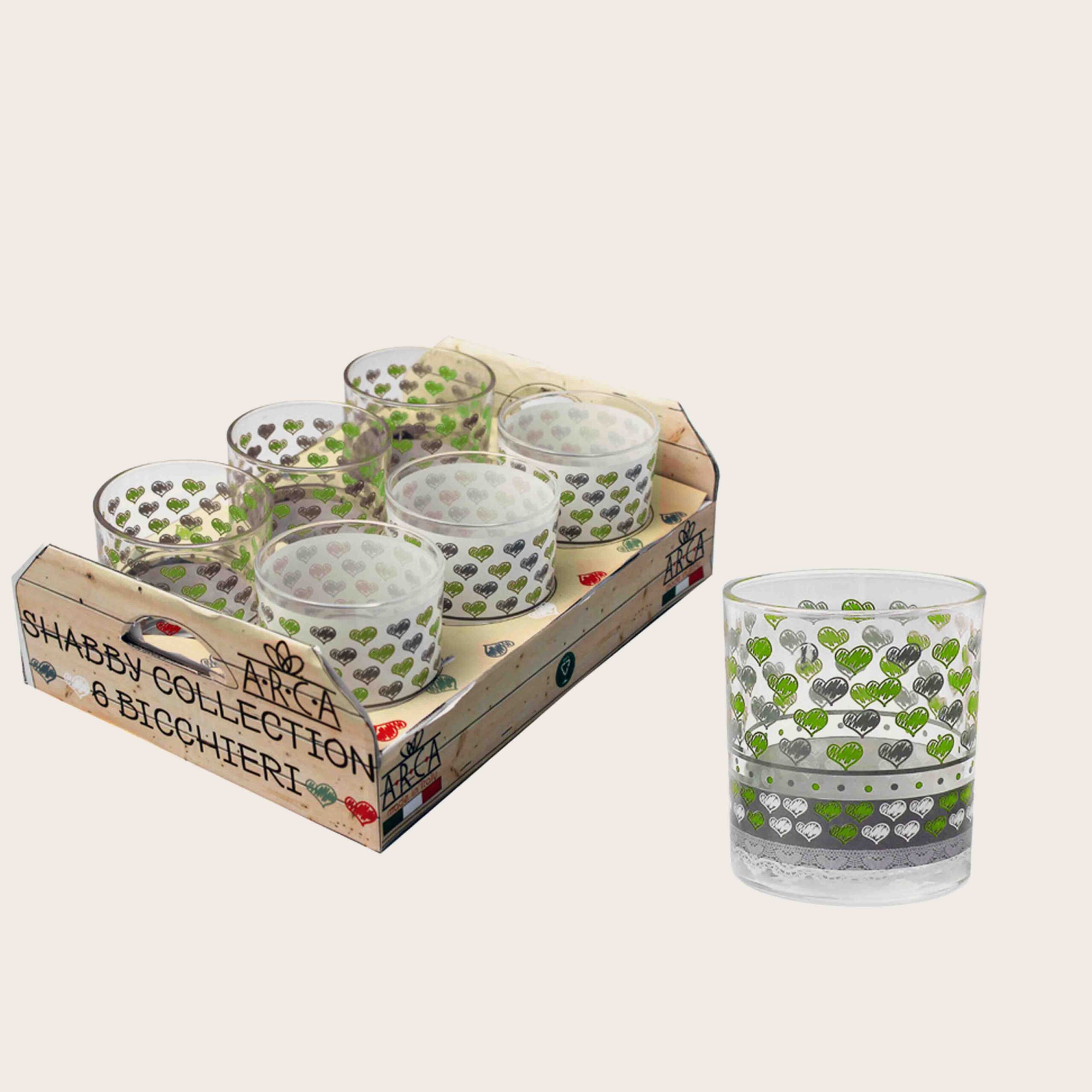 SET 6 BICCHIERI IN VETRO DECORO SHABBY GREEN