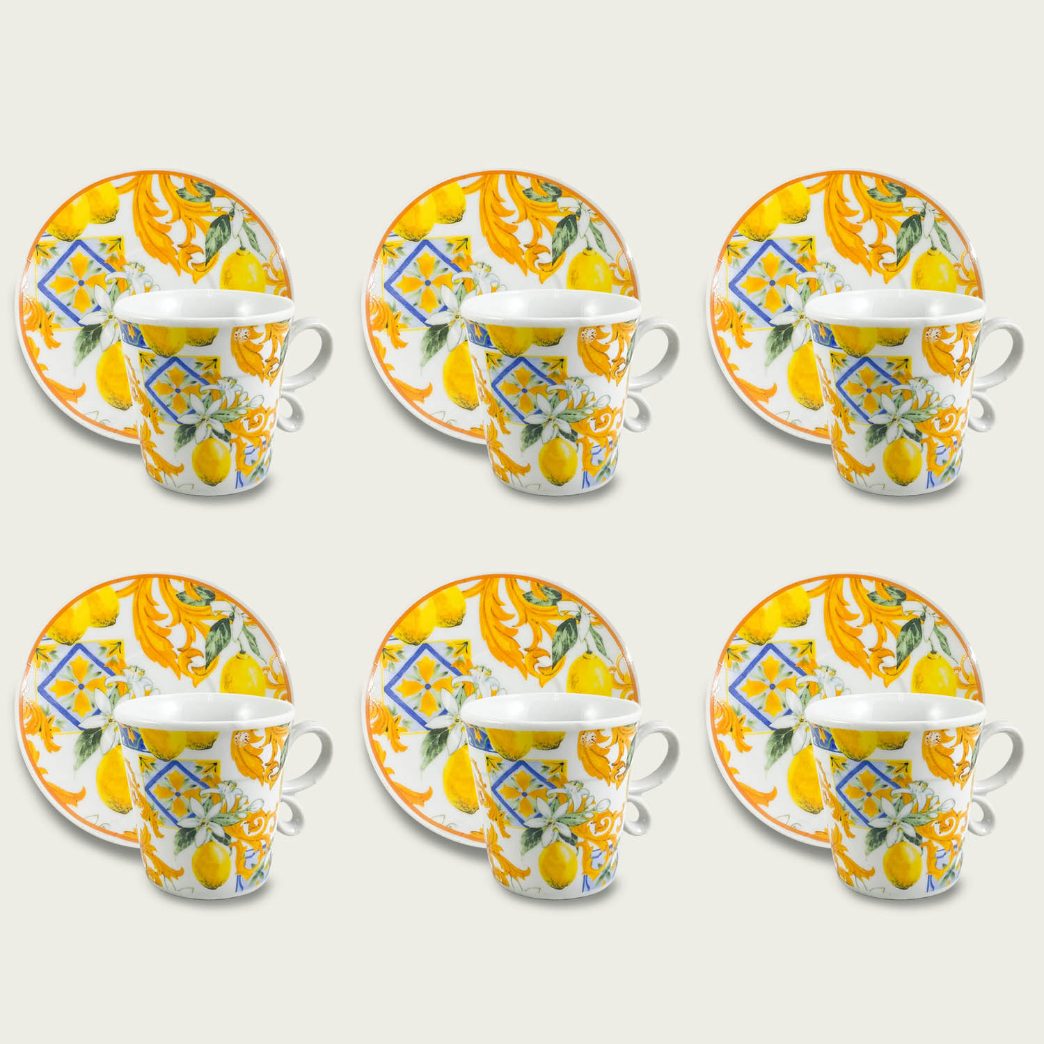 Set 6 Tazze Caffe' Con Piattino Decoro Lemon