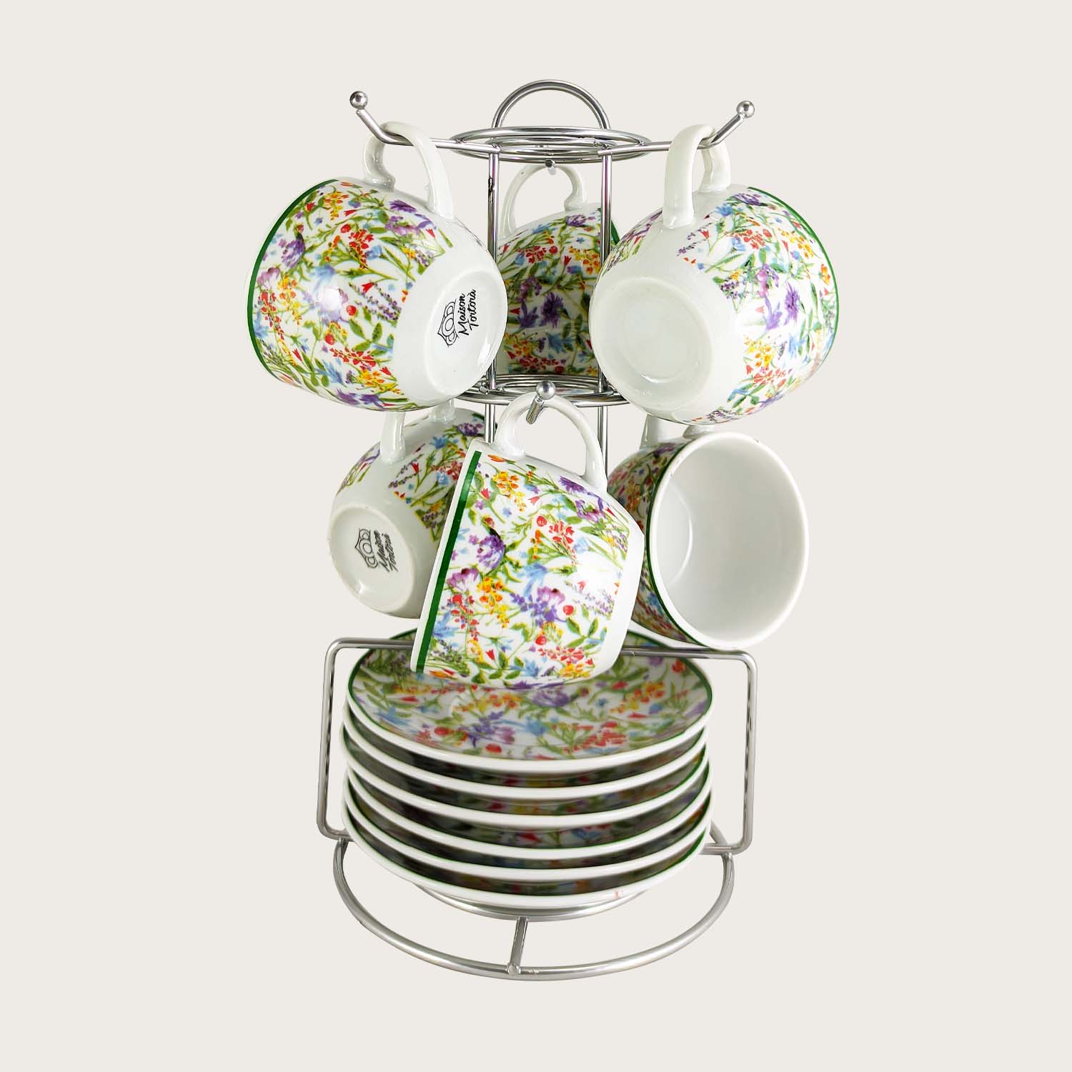 Set 6 Tazze Caffe' Con Piattino Ed Espositore Spring