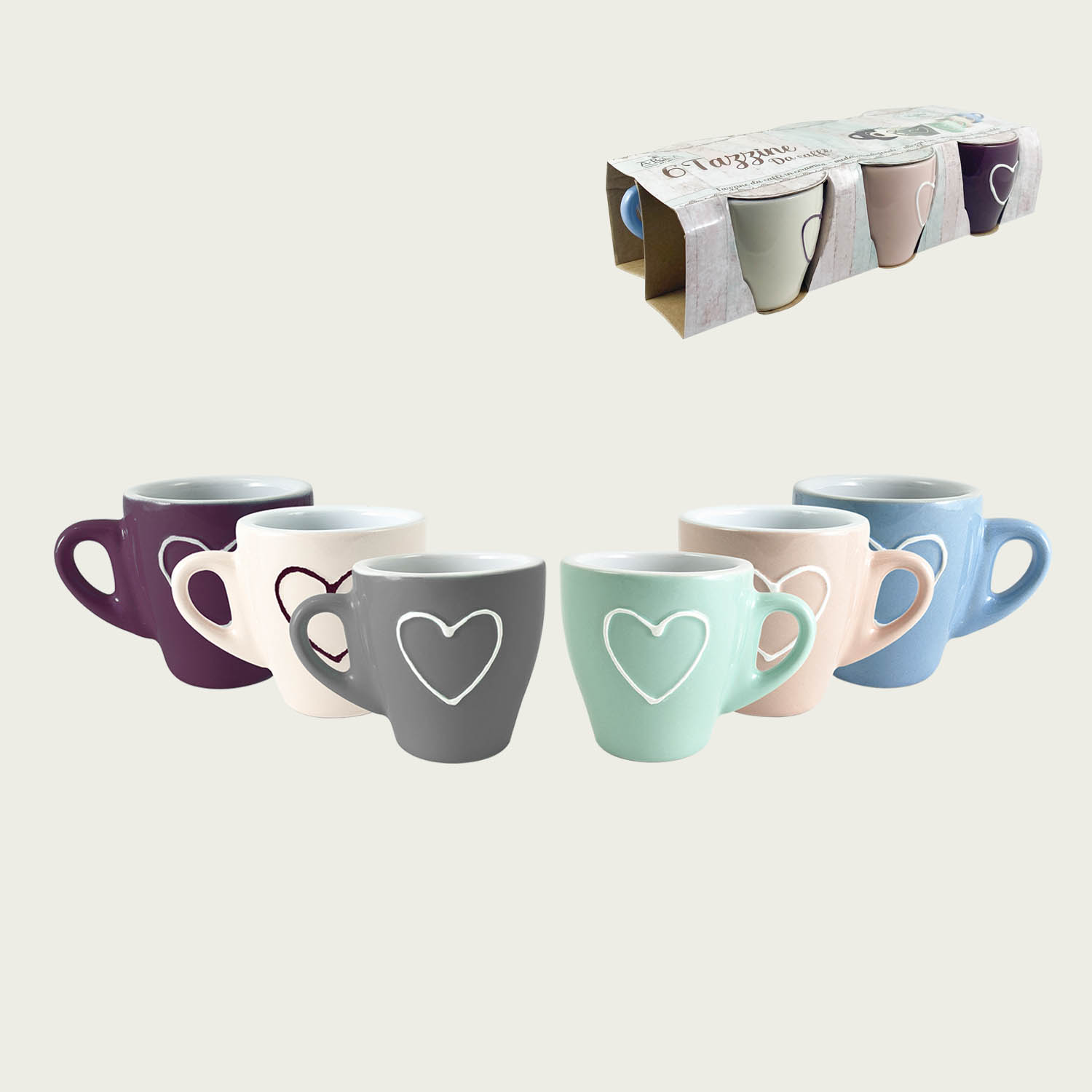 Set 6 Tazze Caffe' Decoro Cuore - Arca Italy