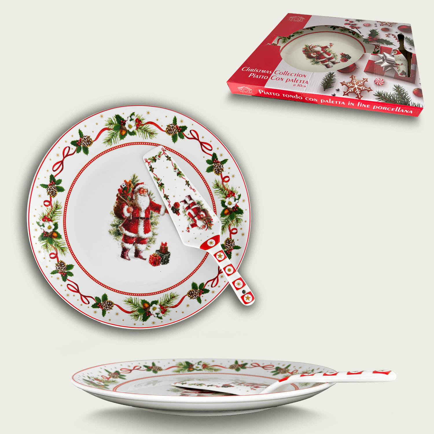 Santa Claus Piatto Panettone Con Paletta Porcellana