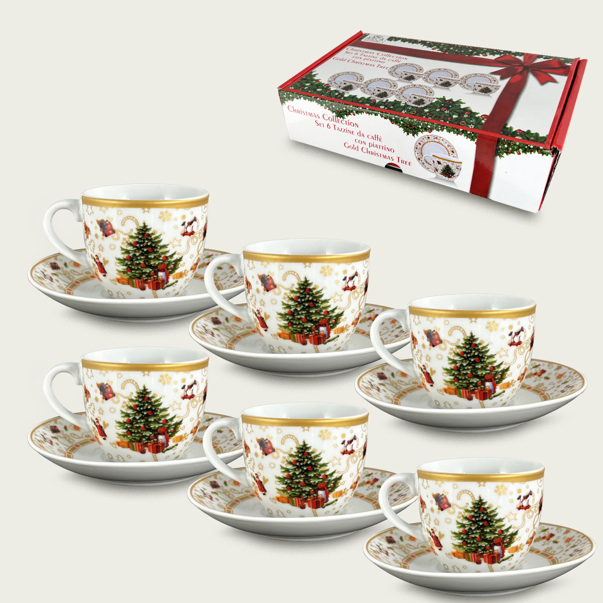 Set 6 Tazzine Con Piattino Christmas Tree Gold