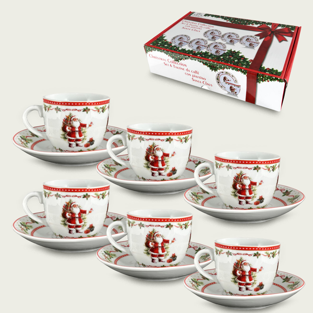 Set 6 Tazzine Con Piattino Santa Claus
