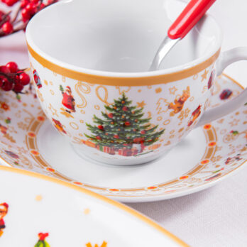 Tazza Christmas Tree Gold Con Piattino In Porcellana