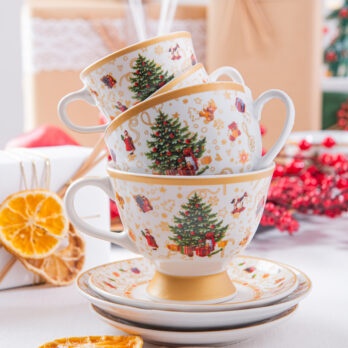 Tazza Christmas Tree Gold Con Piattino In Porcellana