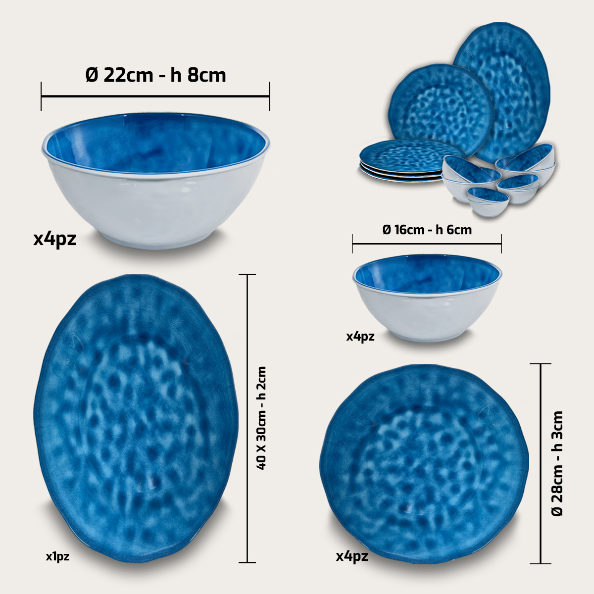 Set Stoviglie 16 Pezzi in Melamina Colore Set Stoviglie 16 Pezzi in Melamina Colore